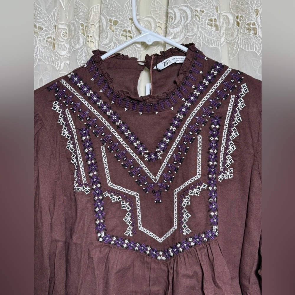 Zara Embroidered & Beaded Long-Sleeve Tunic - Brown with White & Purple Accents - Picture 2 of 13